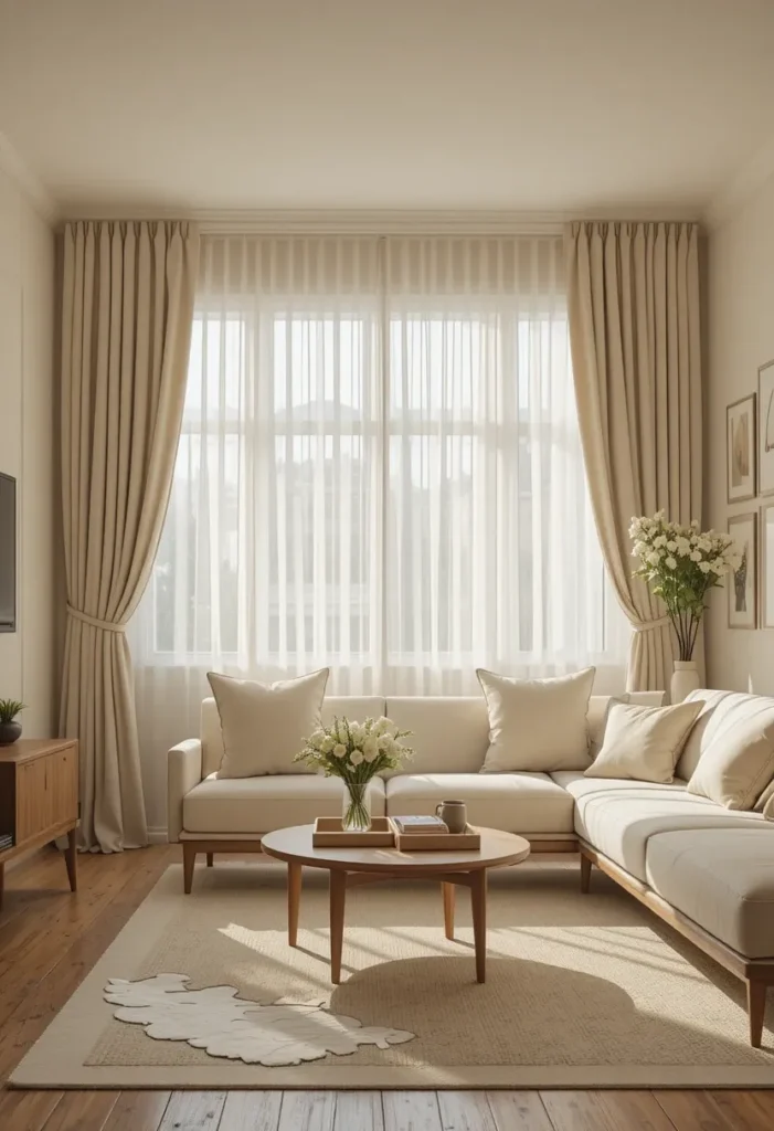 Beige curtains tied back in a living room to let sunlight in