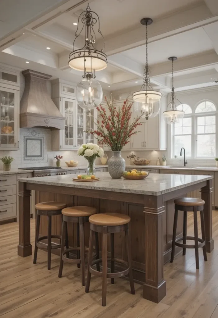 Breakfast bar with seating integrated into a U-shaped kitchen island.