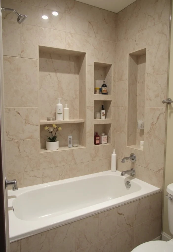 Small bathroom tub with built-in wall niche storage for toiletries