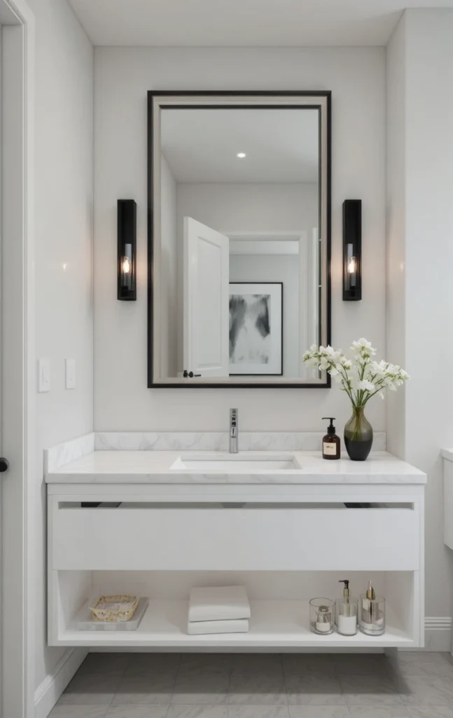 Black-framed mirror above white bathroom vanity