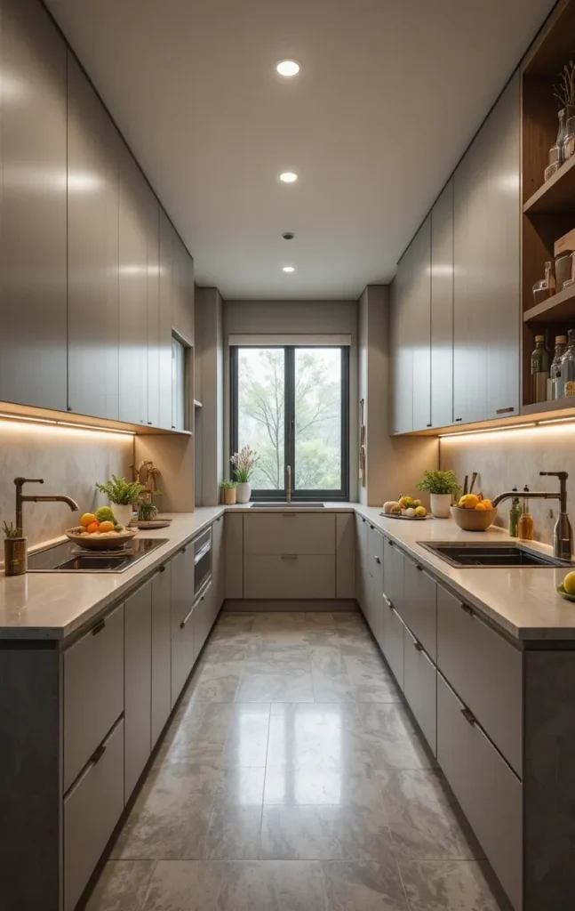 Long kitchen layout with distinct zones for prep, cooking, cleaning, and storage