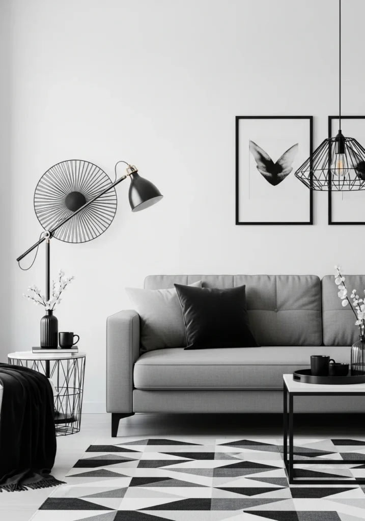 Grey couch living room with bold black and white contrast.