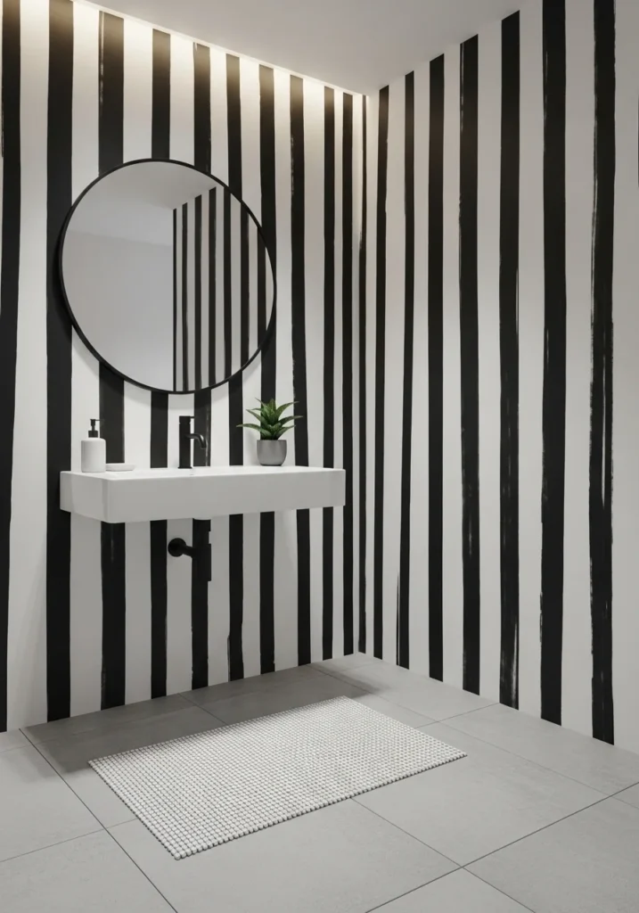 Black and white graphic wallpaper in minimalist bathroom