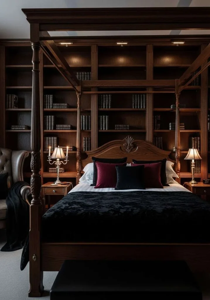 Dark bookshelves with gothic décor in bedroom.