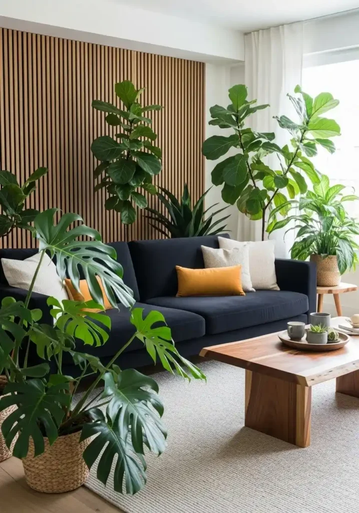 Black couch living room styled with lush green plants.
