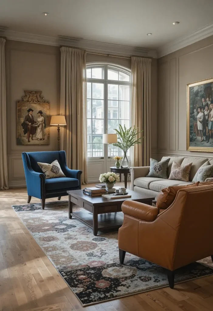Mixed-style accent chairs creating an eclectic living room layout.