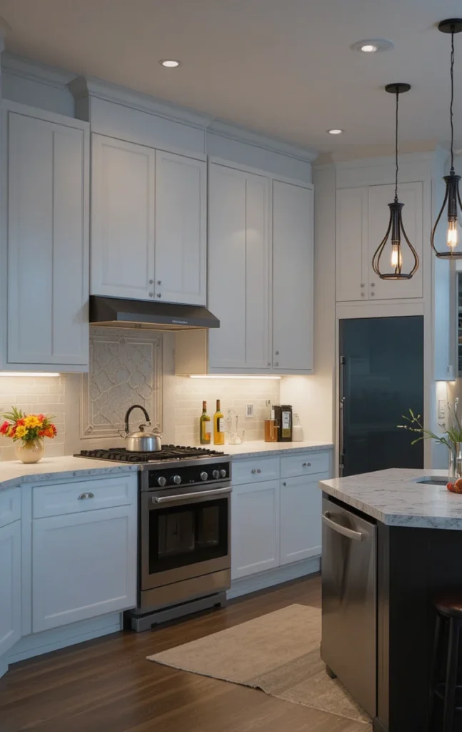 Layered lighting in one wall kitchen with island