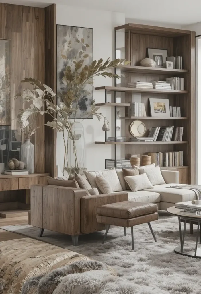 Mixed material built-in shelves with wood, glass, and metal in living room