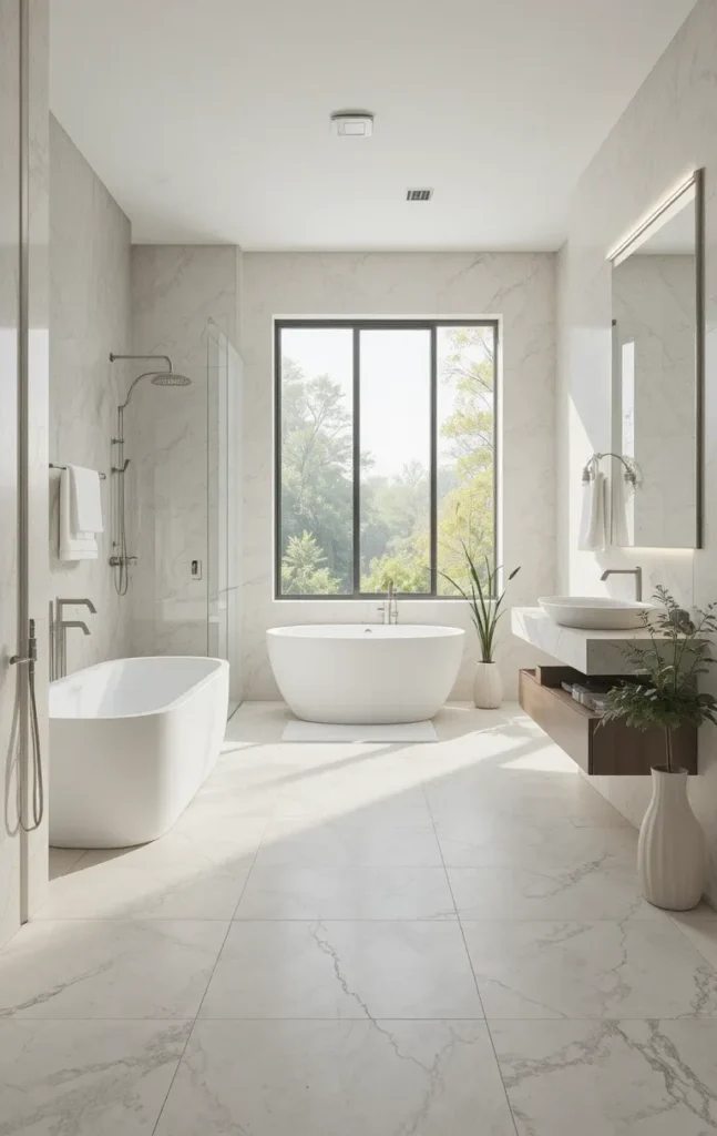 Light white bathroom floor tiles enhancing brightness