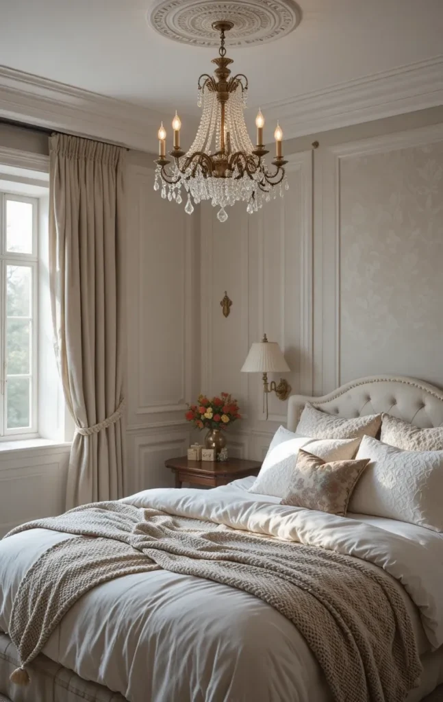 Small crystal chandelier adding subtle glamour and sparkle to a neutral bedroom.