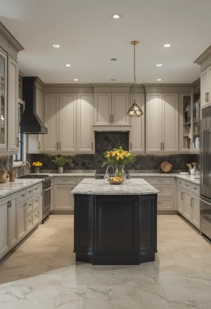 Two-tone U-shaped kitchen with contrasting island color.