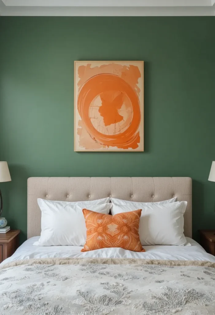 Abstract orange artwork on green wall balancing the bedroom color palette.