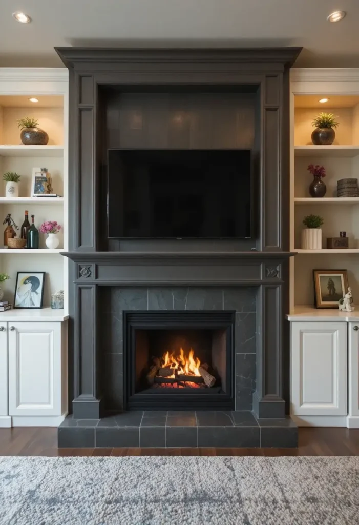 Built-in shelves surrounding a fireplace in a cozy living room