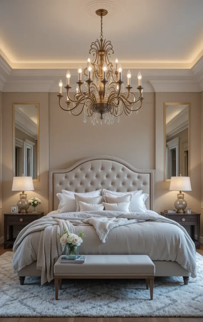 Curved-arm chandelier adding elegance and softness to a cozy bedroom.
