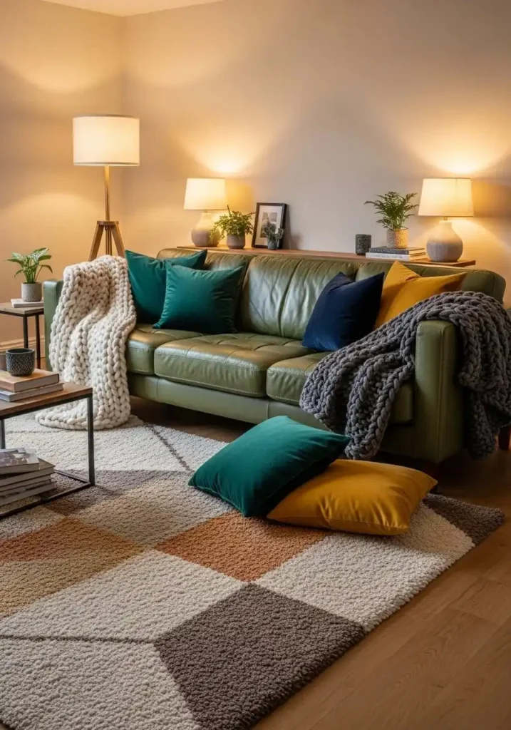 Green leather sofa with cozy layered textures in living room