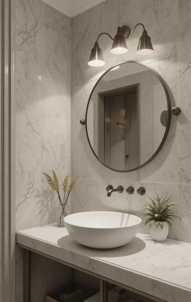 Round bathroom sink softening straight lines in the space.