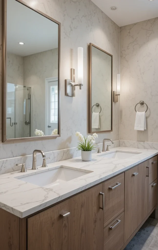 Double bathroom vanity with two sinks and clean countertops.