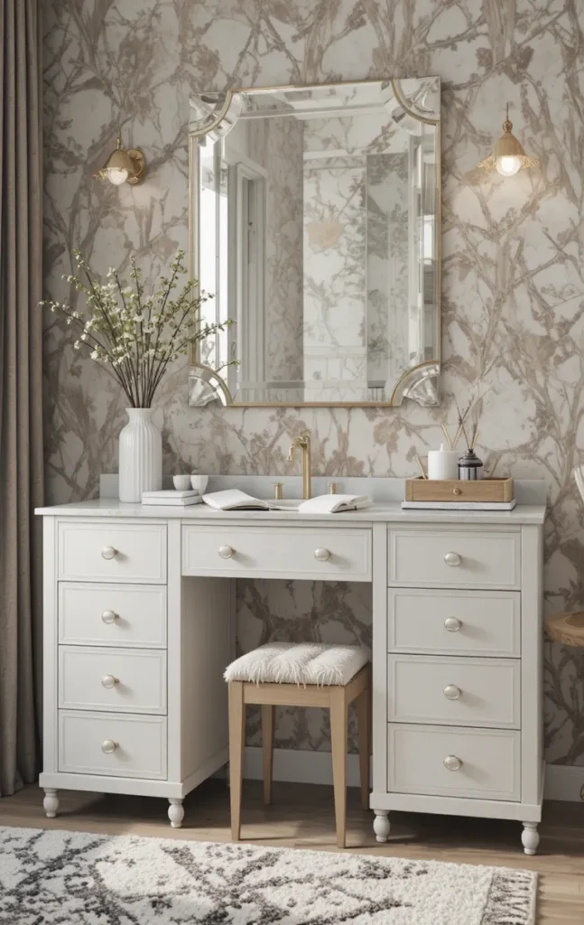 Bathroom vanity with built-in drawers and organized storage.