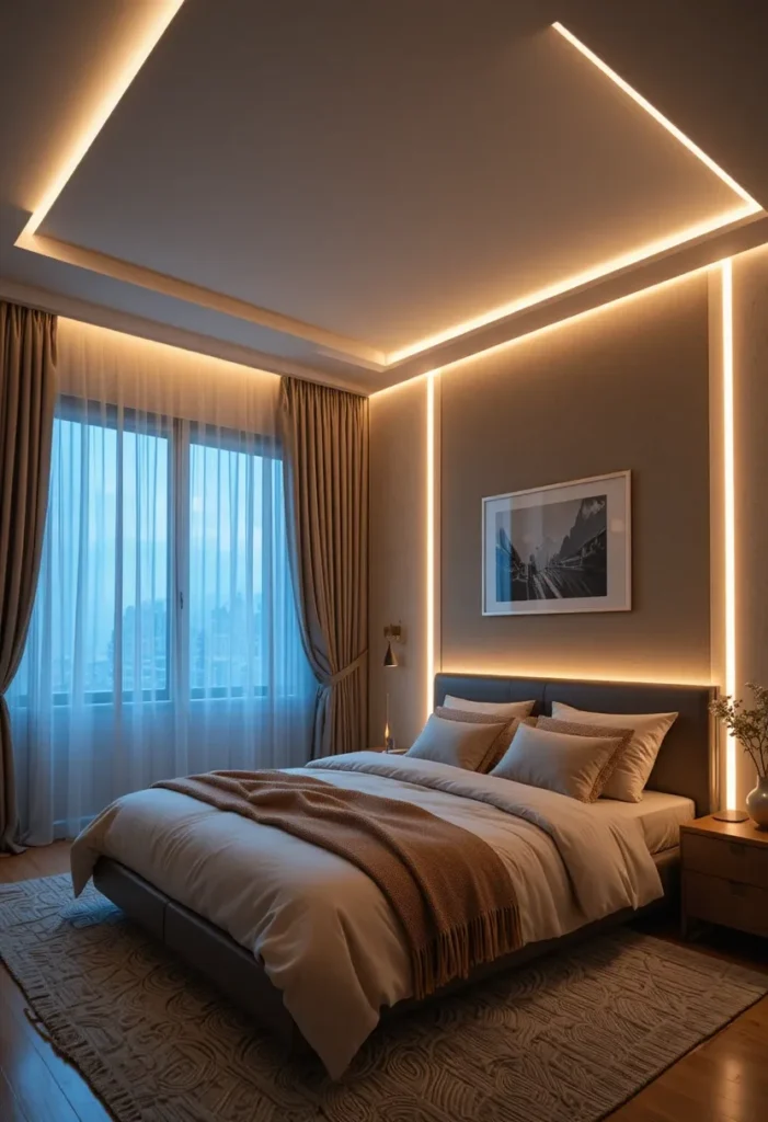 LED strip lights installed along the ceiling edges in a modern bedroom