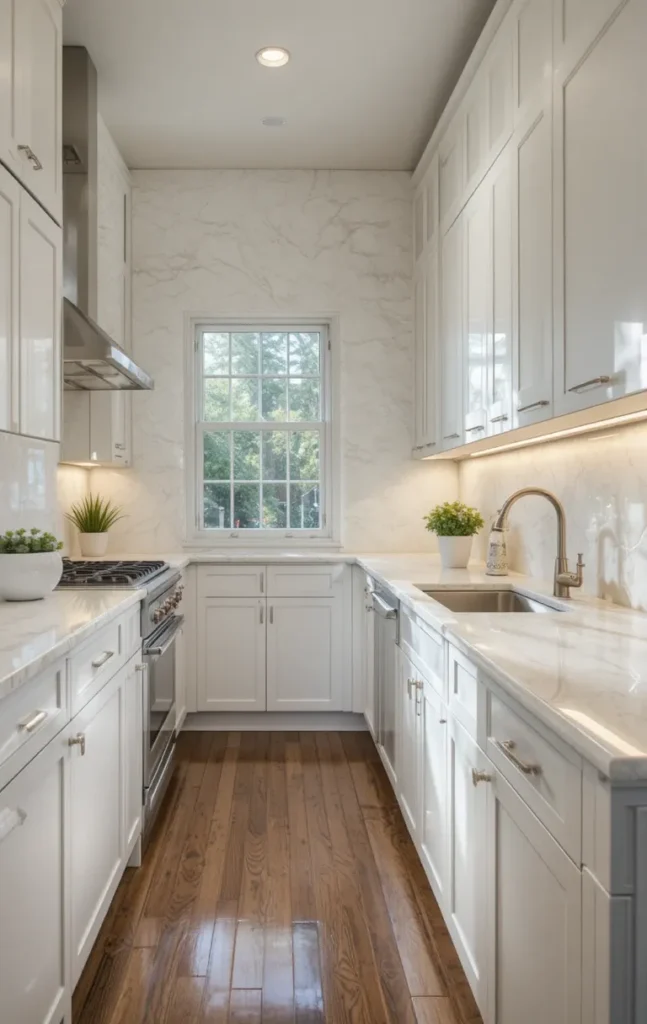 Bright reflective surfaces in a small galley kitchen.