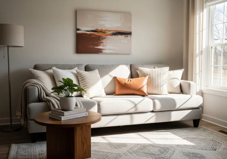 Living room side table styled next to neutral sofa in modern cozy interior