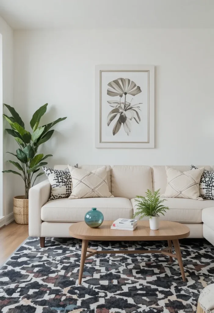 Geometric rug adding energy to a neutral living room