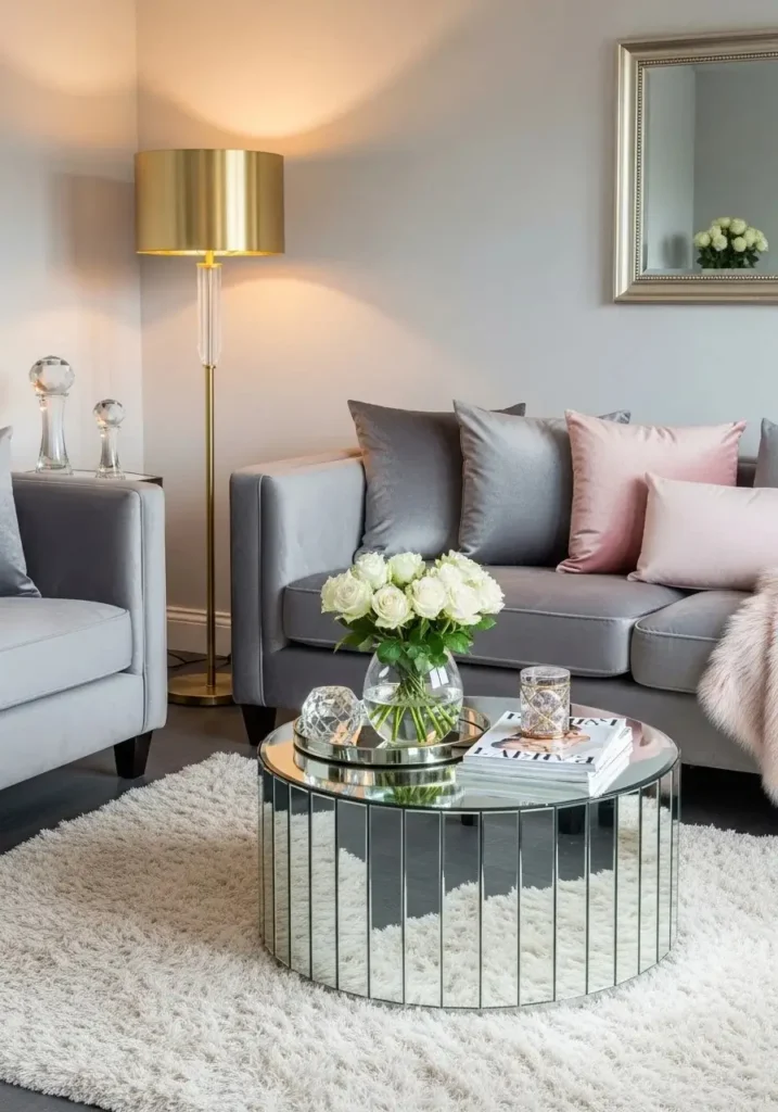 Glam grey couch living room with gold accents.