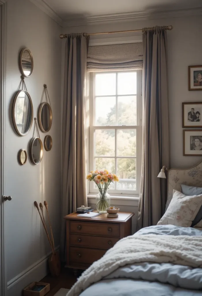Accent mirrors placed to reflect light and brighten dark corners in a bedroom