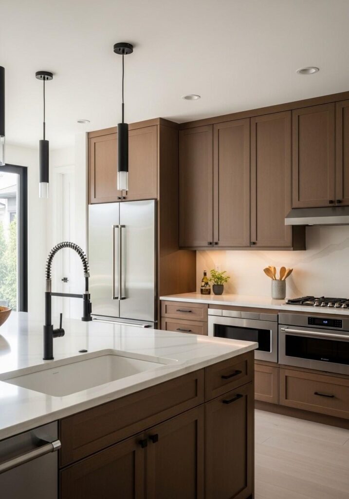 Brown cabinets with matte black accents for a modern, warm kitchen