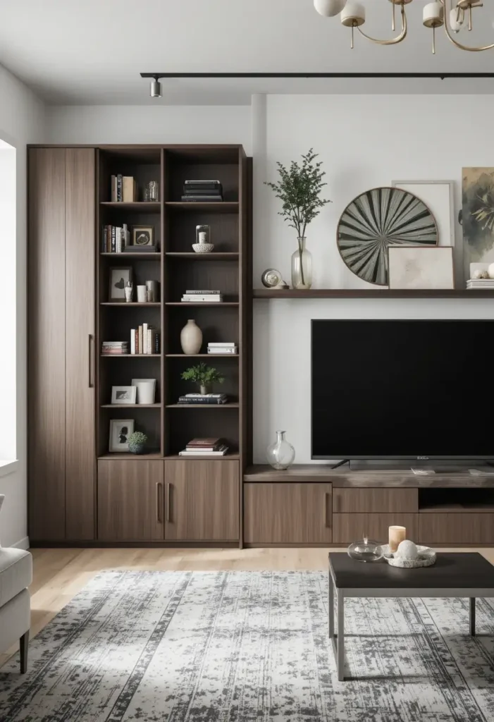 “Living room with a combination of open and closed storage for décor and clutter control.