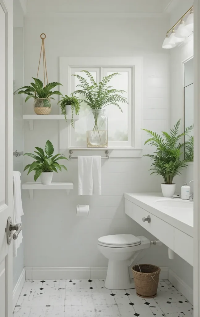 Green plants in white bathroom for freshness