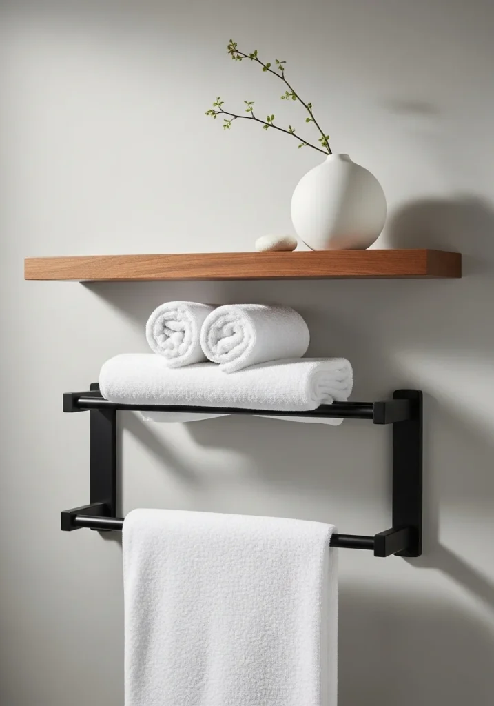 Wall-mounted towel rack with shelf holding rolled towels