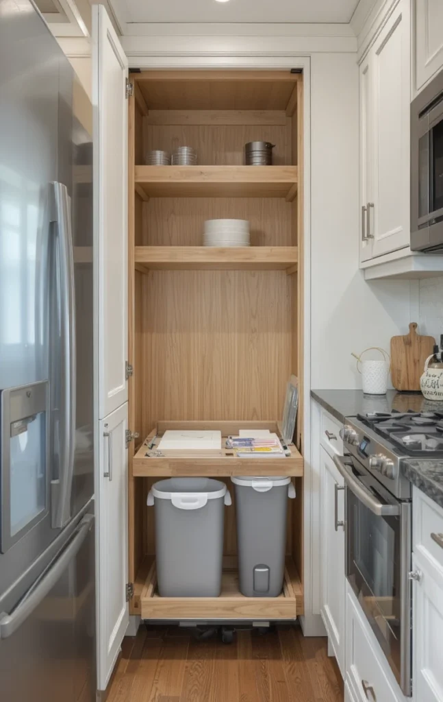Pull-out trash and recycling unit in a galley kitchen.