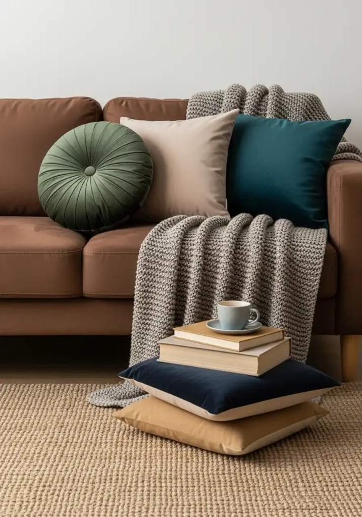 Brown couch styled with layered textures.