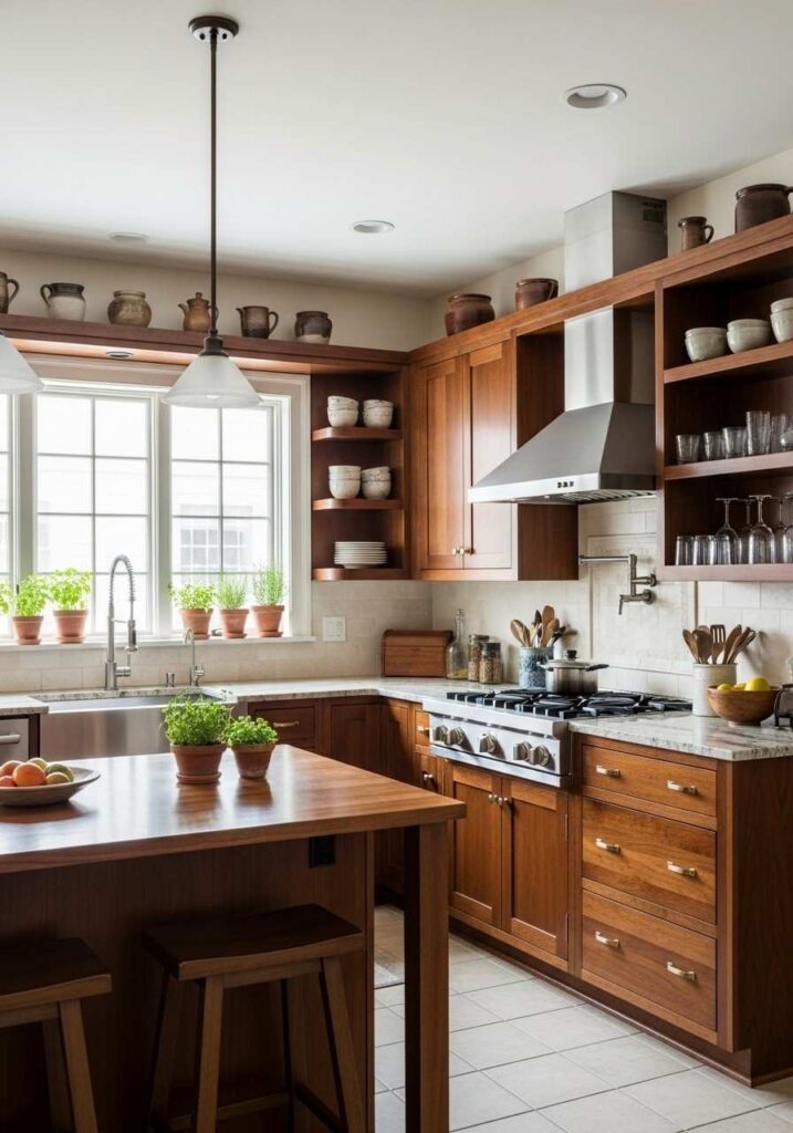 Brown cabinetry combined with open wood shelving for a warm, curated kitchen