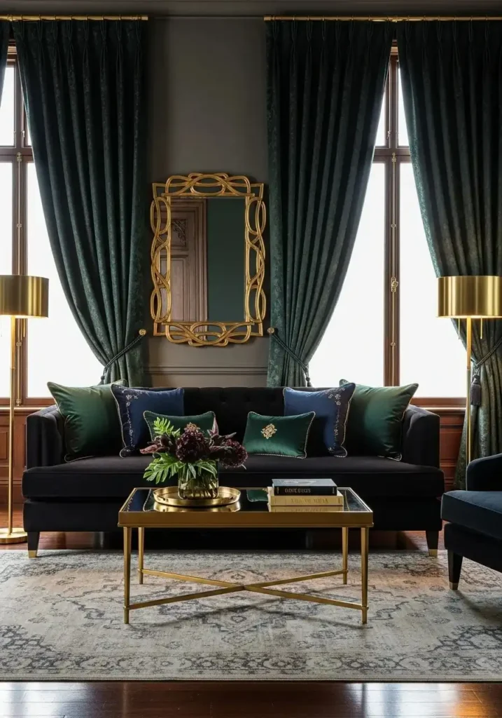 Black couch living room with jewel-tone cushions and gold accents.