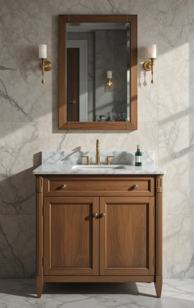 Bathroom vanity with wood base, marble top, and metal hardware.