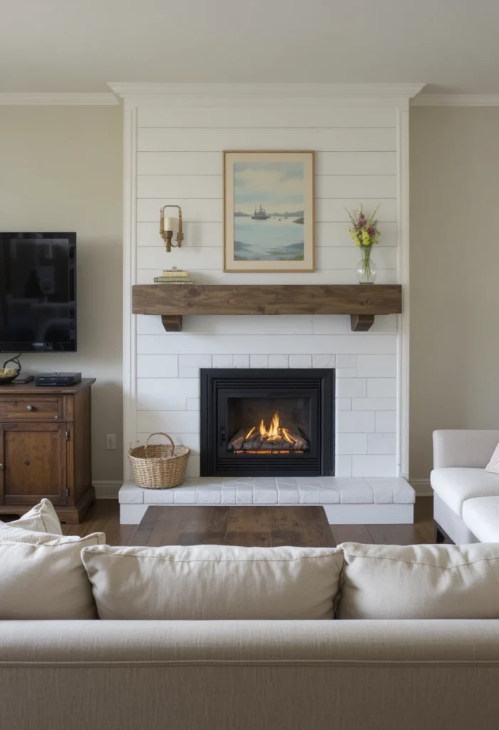 Cozy farmhouse fireplace with shiplap mantel