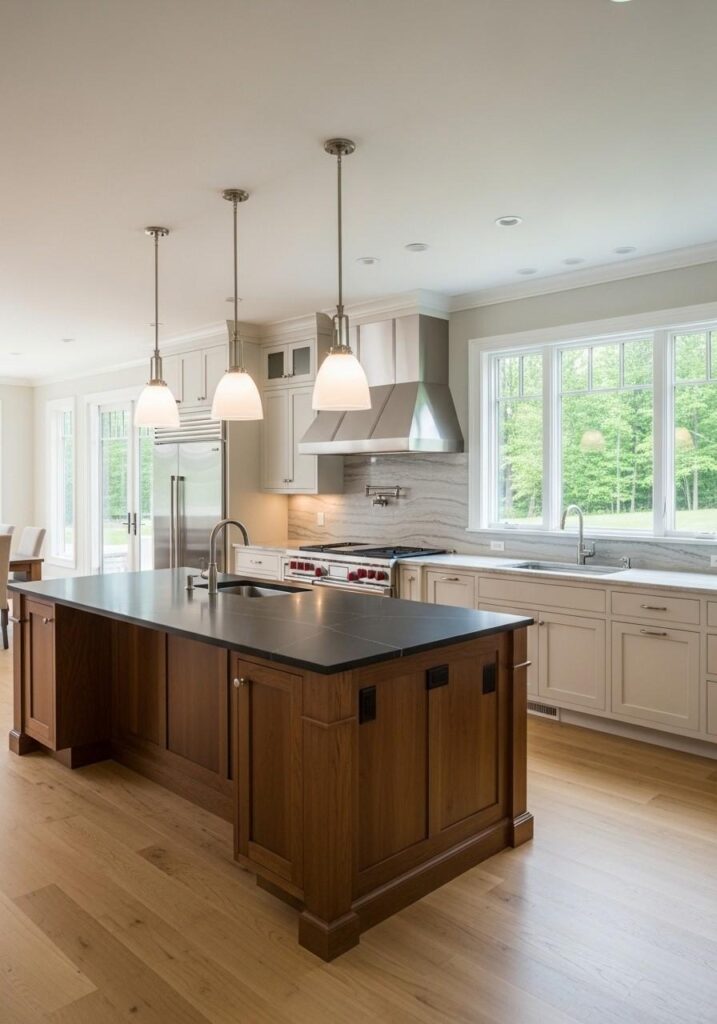 Brown cabinet island as a focal point in a modern open kitchen