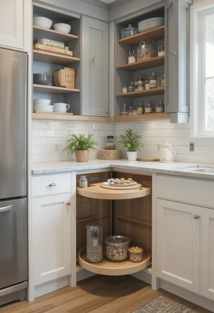 Corner cabinet with pull-out trays in an L-shaped kitchen.