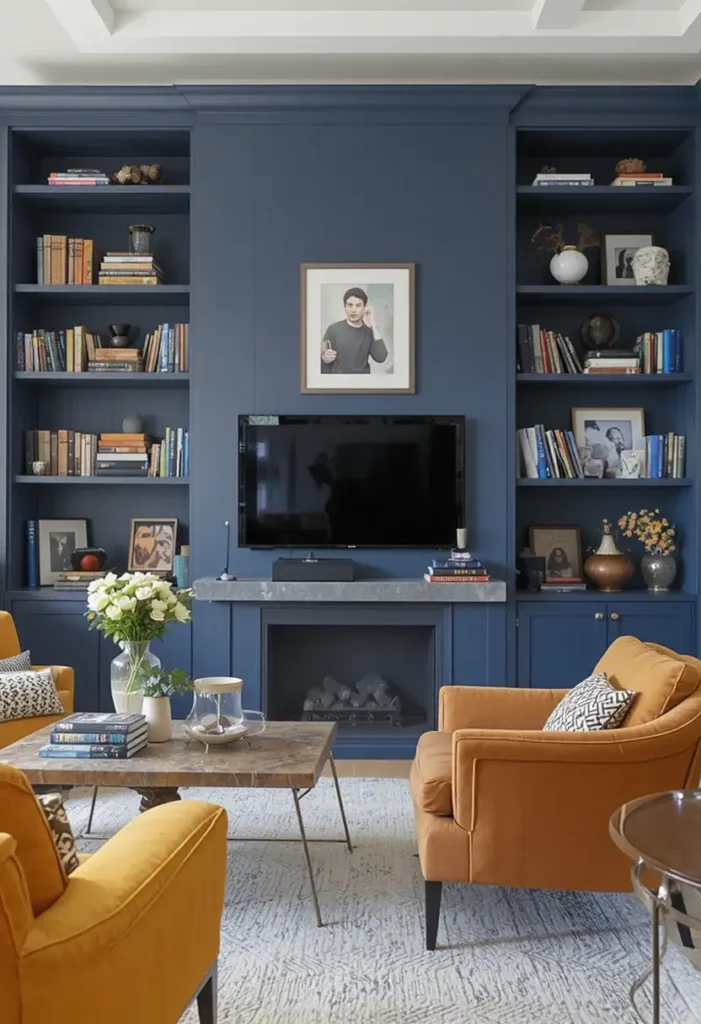 Dark navy built-in shelves in a stylish living room with bright decor
