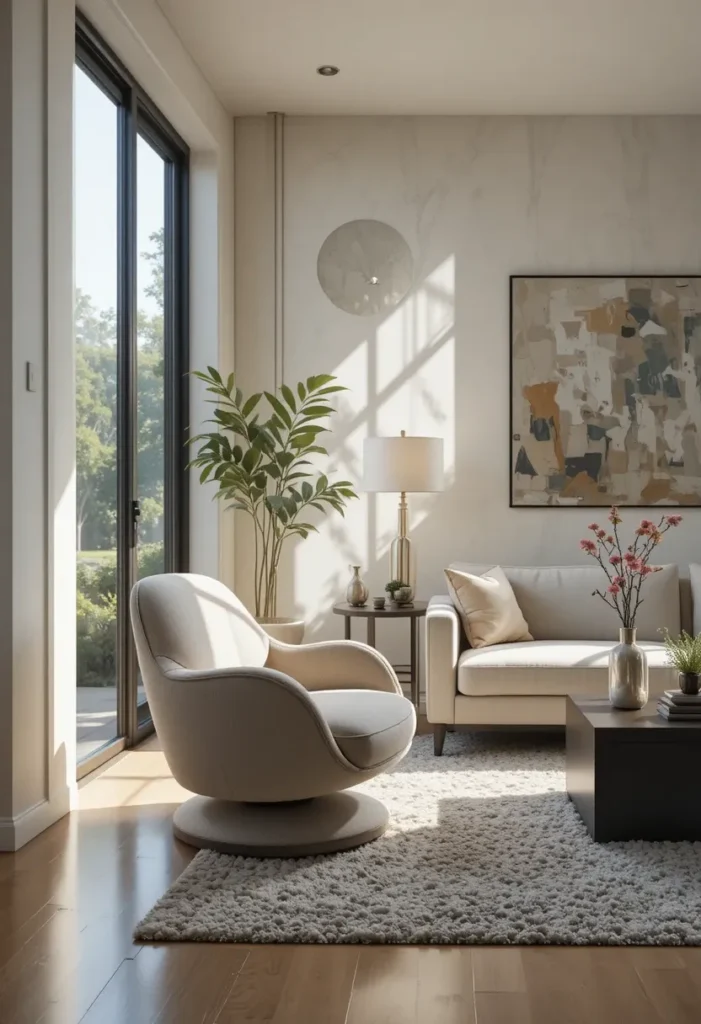 Swivel accent chair positioned near a sofa in an open living room.