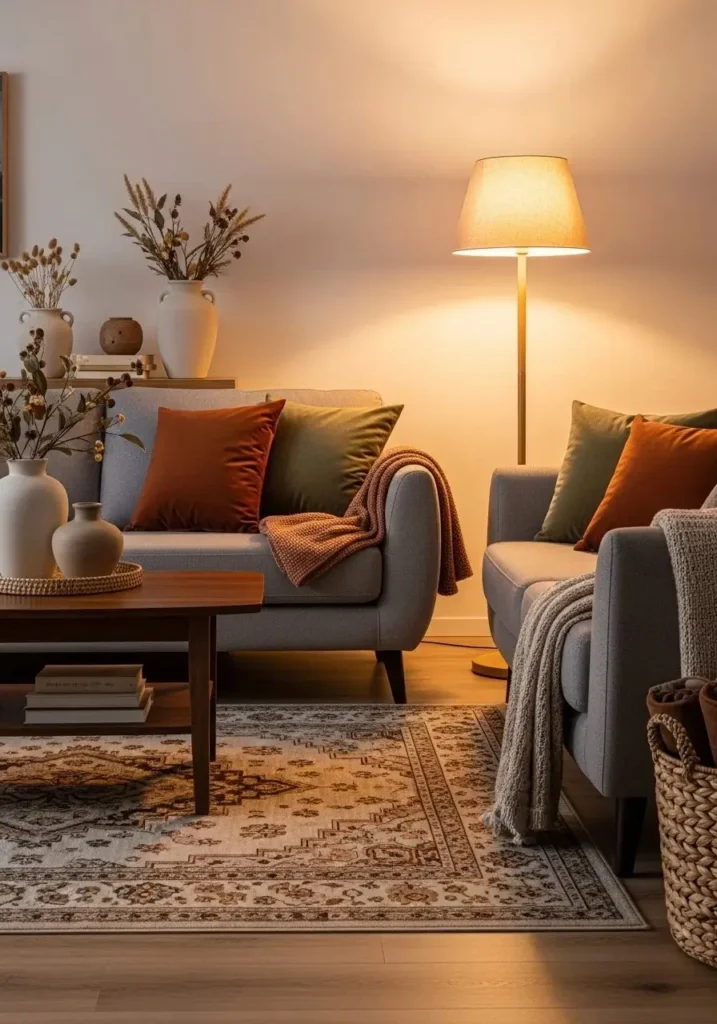 Grey couch styled with warm earth-tone accents.