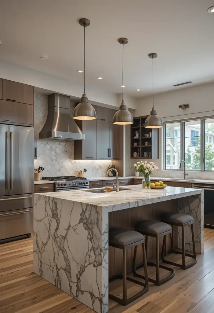 Pendant lights above a kitchen island providing task lighting.