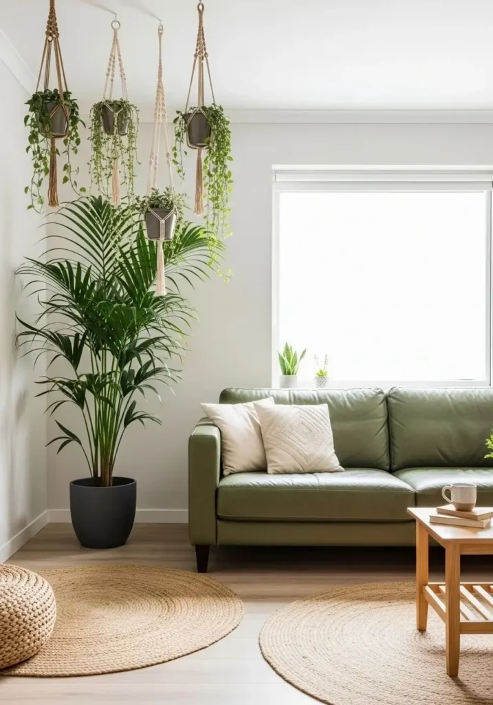 Green leather sofa with indoor plants in bright living room