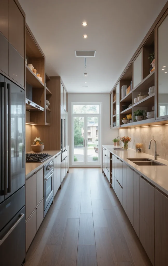 Kitchen cabinets with open shelves and glass-front sections to create visual breaks