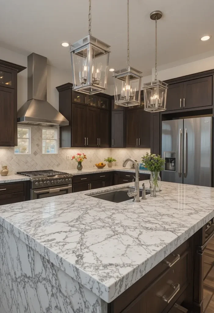 Durable quartz countertop in a modern U-shaped kitchen.