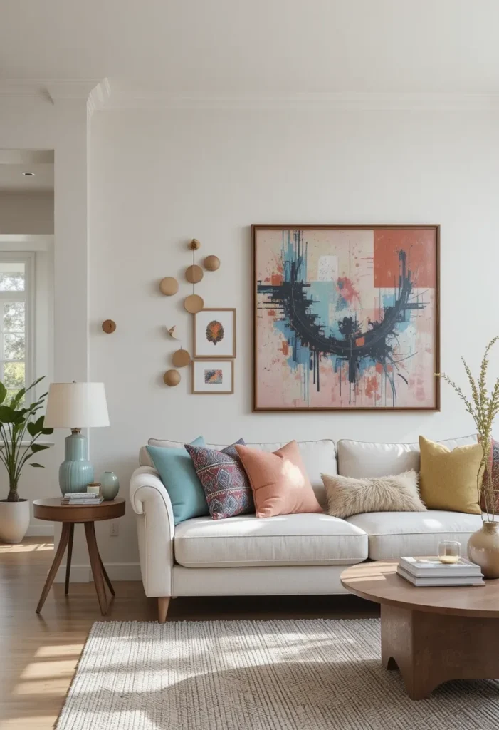 “Living room showcasing a cohesive color palette with neutral walls and colorful accents.