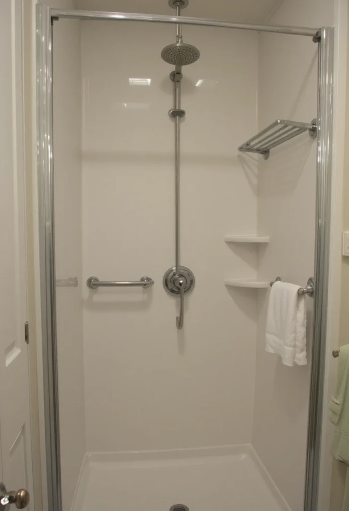 Wall-mounted fixtures in a small walk-in shower to save space and reduce clutter.