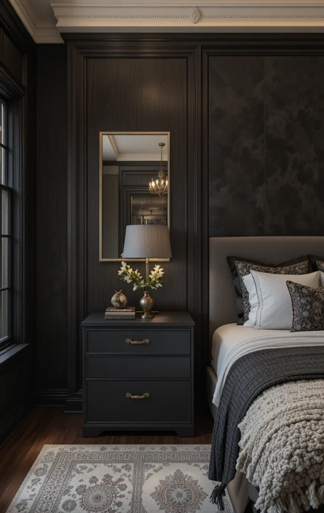 Black and brown bedroom with subtle brass accents